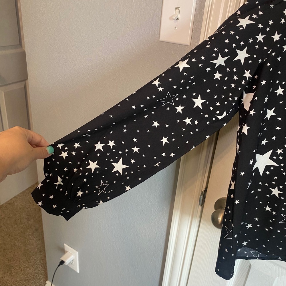 LOFT Womens Blouse Small Black White Star Print Tie Neck Long Sleeve Novelty - Picture 2 of 5